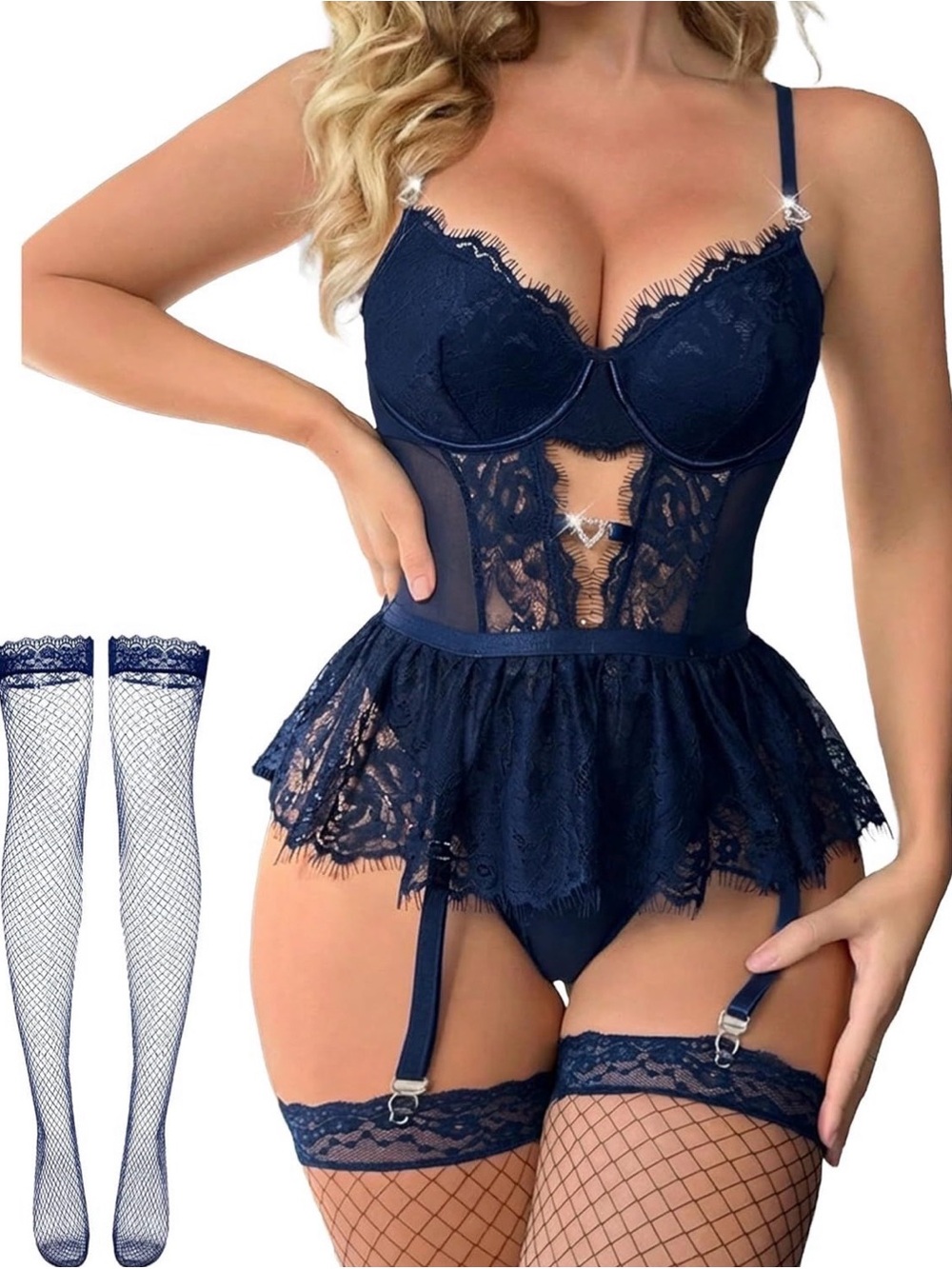 Lingerie Set in Blue with Garter Belt & Stocking Size XXXL - NWT